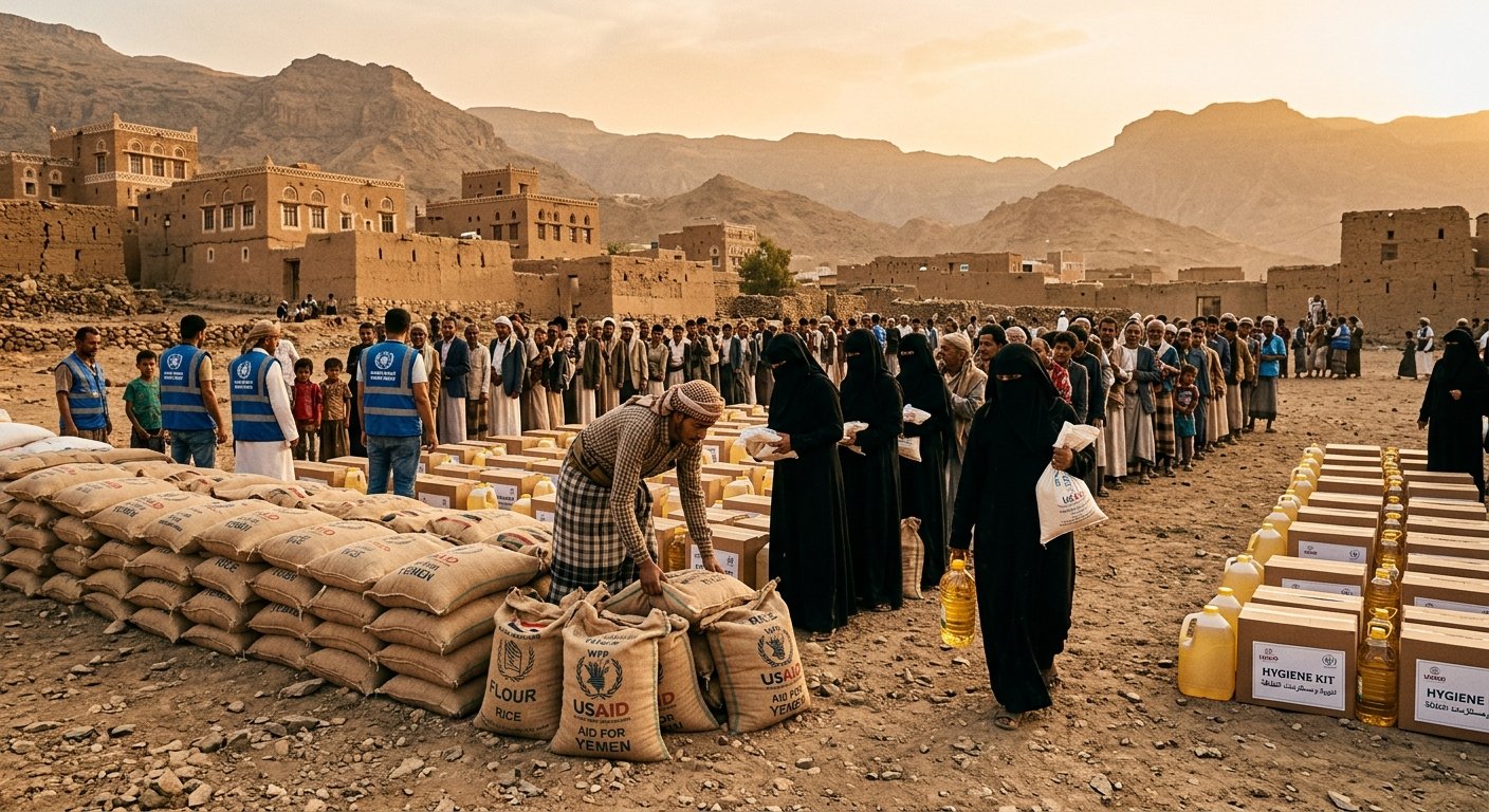 People in Yemen queue for food and hygiene kits provided by USAID and WFP in a mountainous village setting
