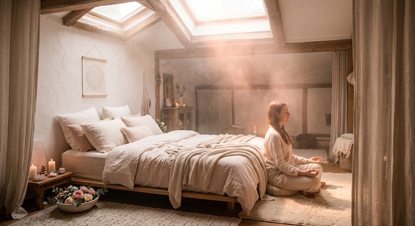 Soft divine light descending into a peaceful bedroom for healing sleep meditation