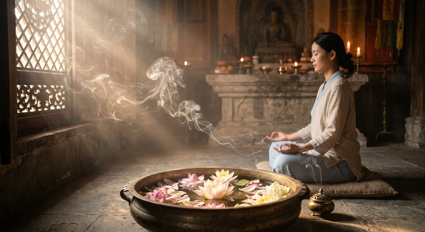 Soft glowing sunlight and serene water reflecting sacred stillness and peaceful sensory meditation