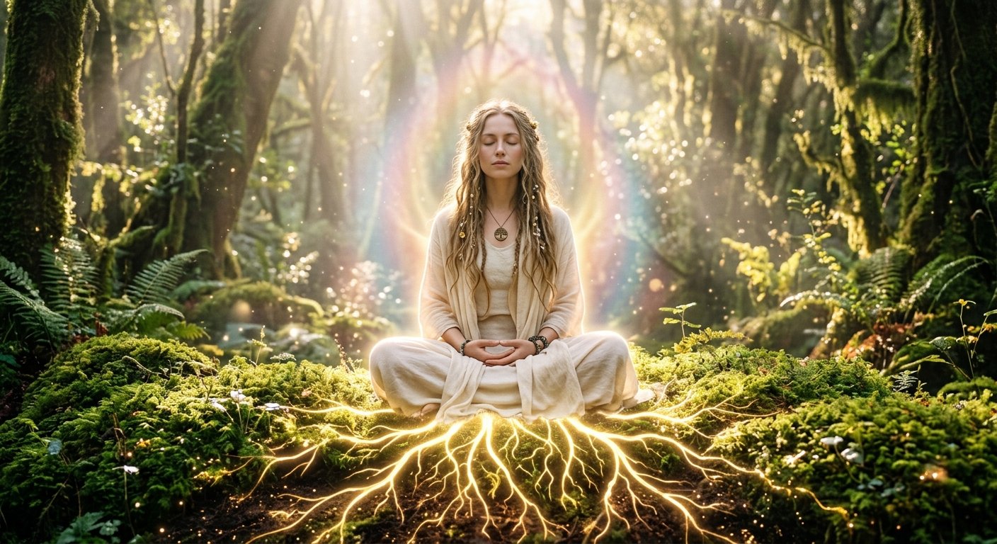 A peaceful meditator seated in nature connecting to the sacred earth with glowing roots of divine light.
