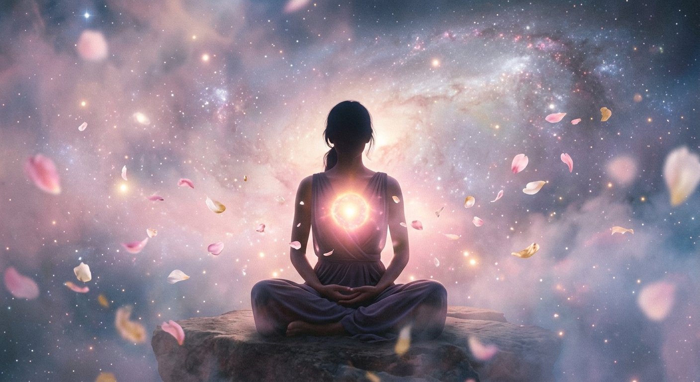 Soft golden light glowing at the heart center during a peaceful loving-kindness meditation