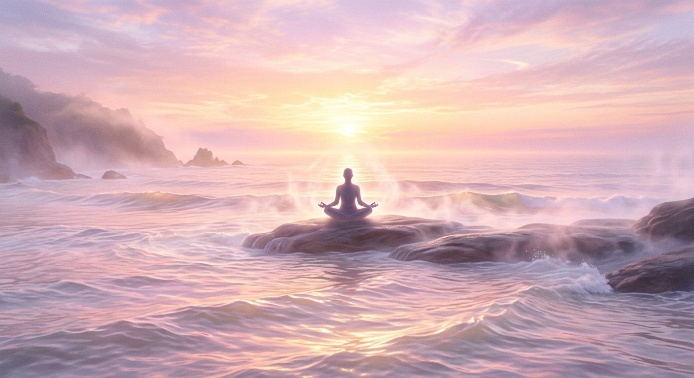 Serene pastel ocean waves glowing at dawn inspiring sacred ocean breath meditation and peace